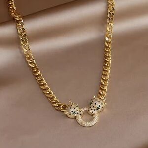 Panthere Gold Stainless Steel Diamond Crystal Necklace